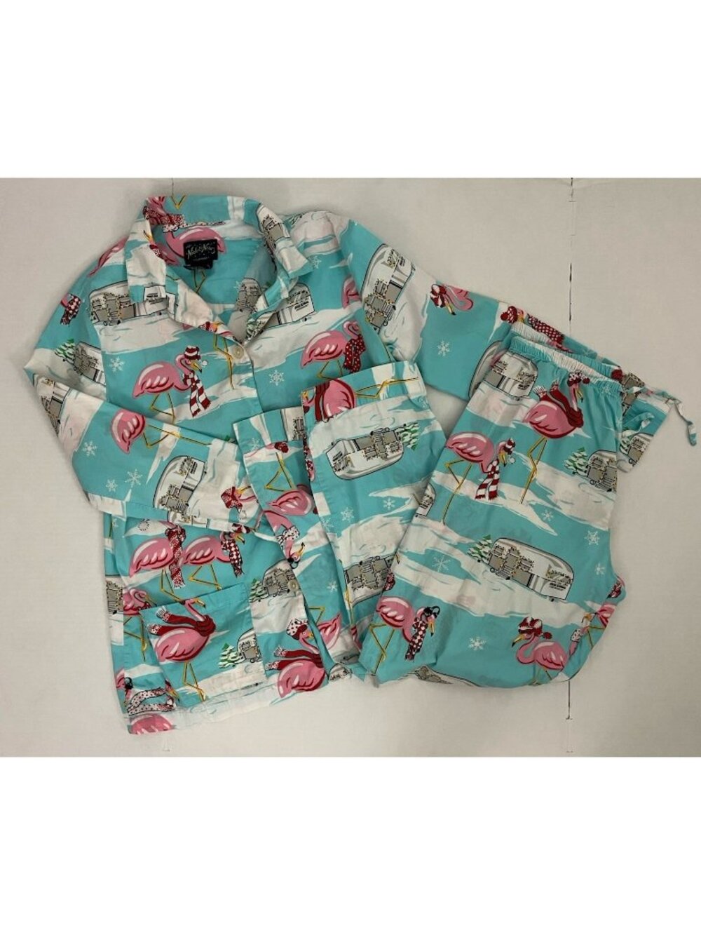 Nick & Nora Women's L Retro Pajama Set Flamingo Airstream Camper Cotton Poplin